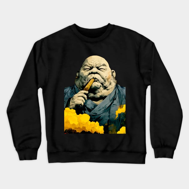 Puff Sumo: Smoking a Fat Robusto Cigar on a dark (Knocked Out) background Crewneck Sweatshirt by Puff Sumo